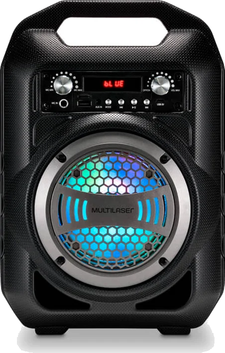 Foto oficial do produto: Caixa de Som Multilaser SP256: bluetooth, karaokê e rádio FM numa ficha que a própria marca deixa pela metade