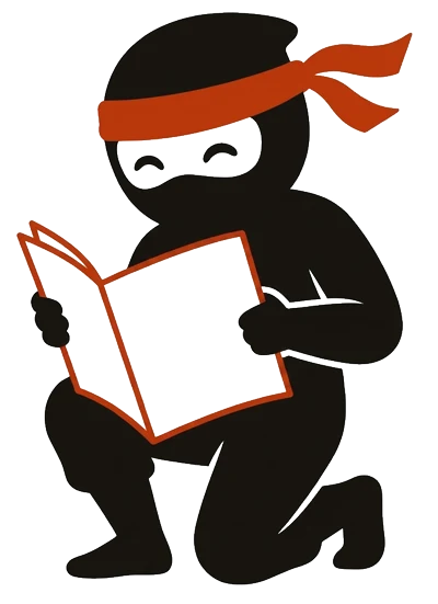 O Ninja, mascote do Ofertas Ninja, ajoelhado lendo um documento aberto